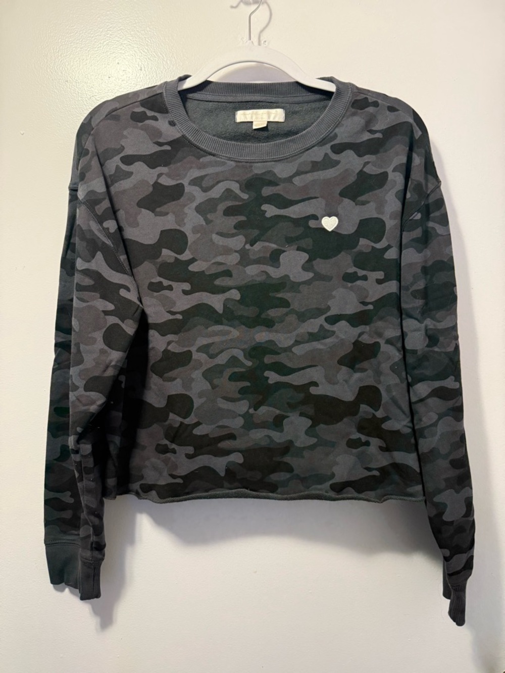 Gray & Black Camo Crewneck cropped raw edge Sweatshirt with Heart Accent